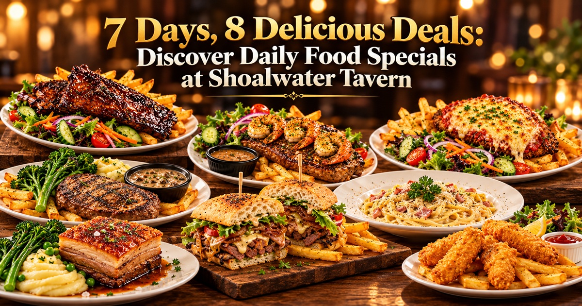 Discover 7 days of daily food specials at Shoalwater Tavern, featuring pasta, sirloin steak, smokey ribs, fish and chips, chicken parmi, pork belly, reef and beef, and steak sandwich.